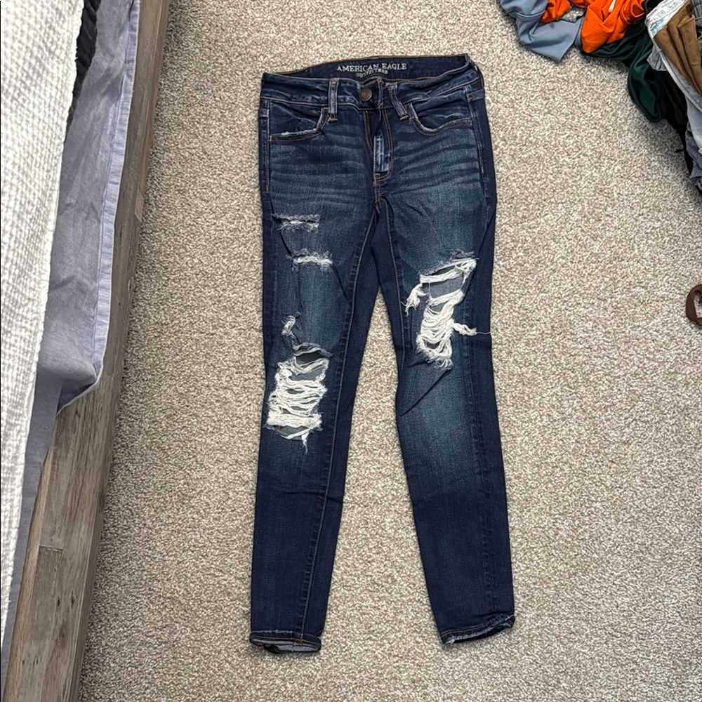 American Eagle Outfitters Blue Skinny Jeans with Distressed Details